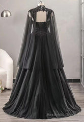 Black Sweetheart Tulle with Lace Long Sweet 16 Dress, Black Formal Dress with Cape